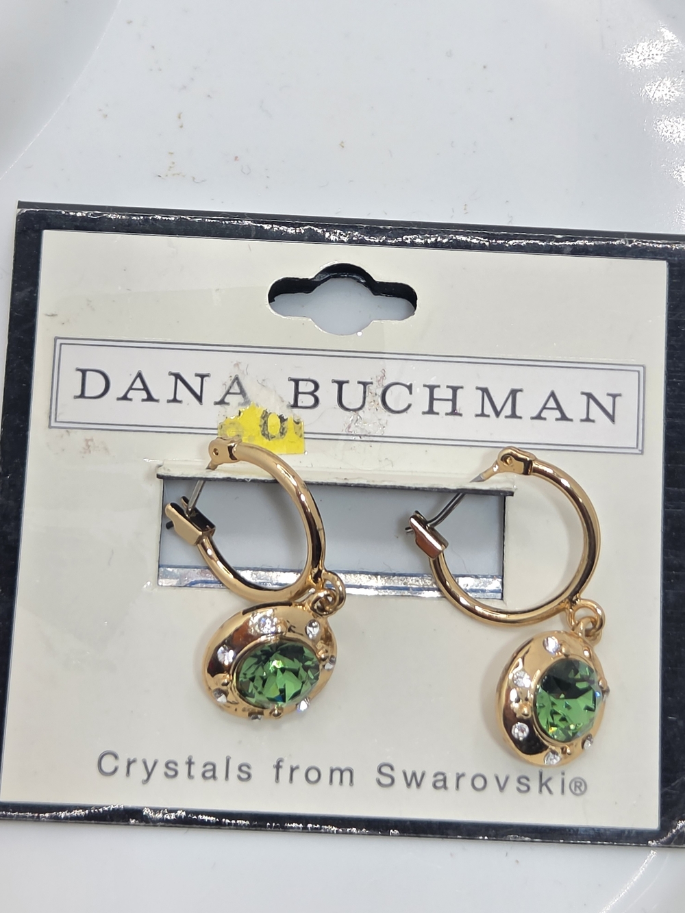 ✨ NWT Dana Buchman Green Swarovski Crystal Hoop Earrings 💚 Gold Tone Dangles
